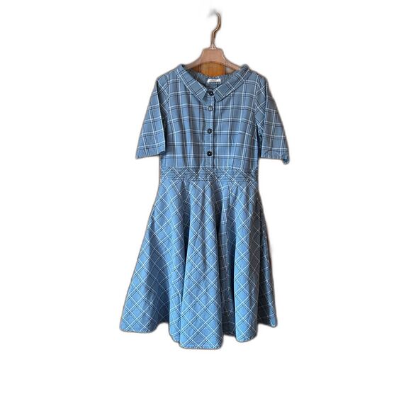 eshakti Dresses & Skirts - eShakti Blue Plaid 1940's 1950's Collared Neckline Fit & Flair Dress